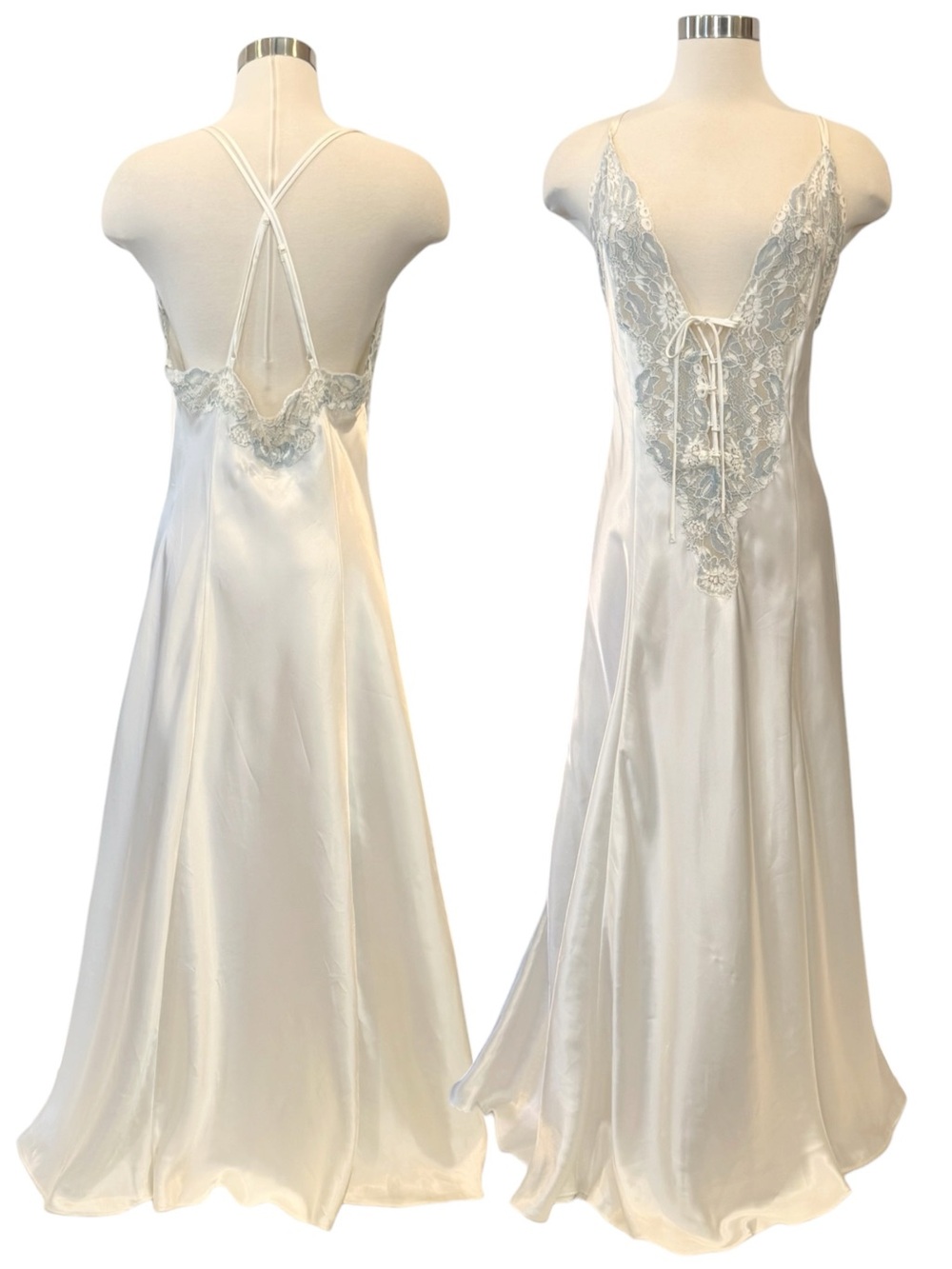 90s Victoria’s Secret Silky Satin Lace White Blue Corset Maxi Gown Slip Dress M